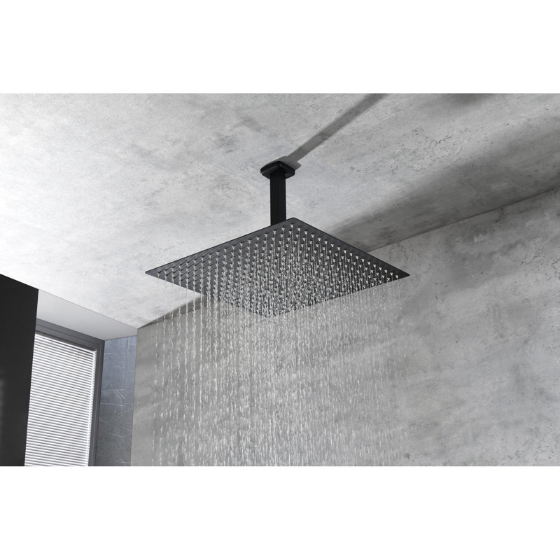 Douche de plafond - Noir mat. Tête en laiton de 16 po. Offre une expérience de pluie naturelle. La buse autonettoyante empêche la sortie d'eau de se boucher. S'adapte au tuyau standard américain. 15,33 po x 6,16 po, 12,18 lb