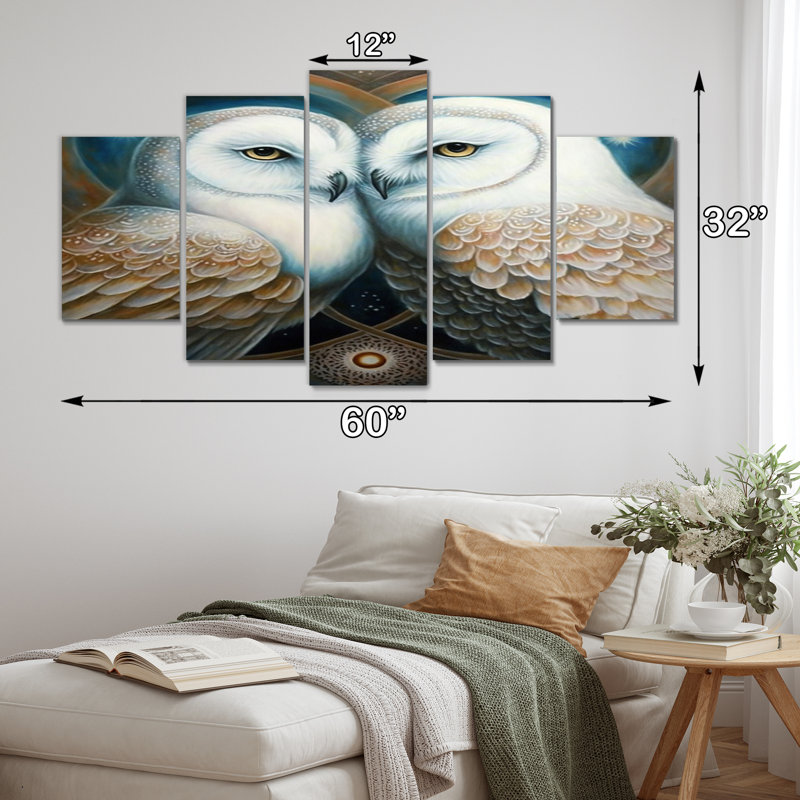 White Owls In Love - Animals Owl Wall Decor - 5 Panels