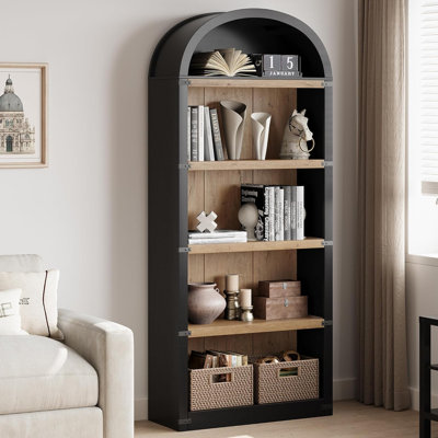 Bookcase 5 Shelf Arched Bookshelf 71.65in Tall Bookcase Farmhouse Display Storage Rack Wooden Bookshelves for Home Office, Living Room