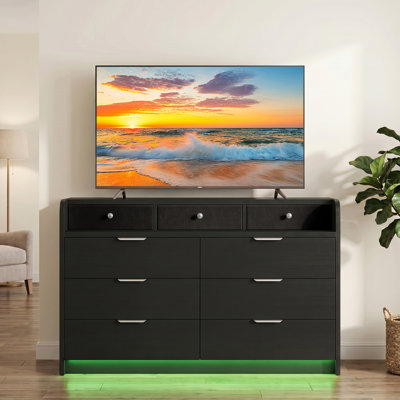 6-Drawer Dresser with RGB LED Lights & Charging Station, White Linen Texture Chest of Drawers
