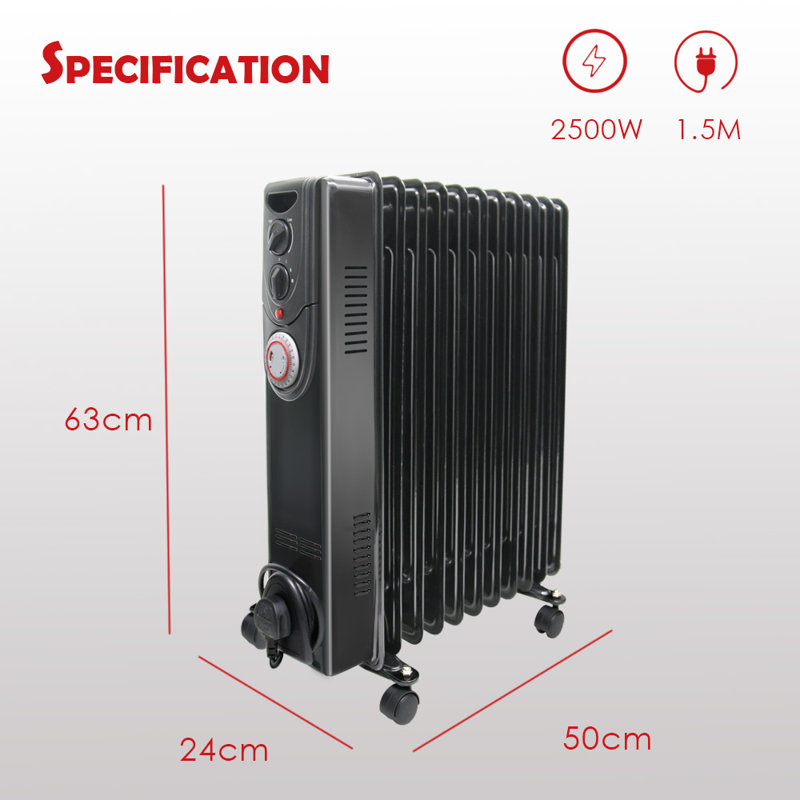 Brecken Oil Filled Radiator 11 Fin 2500W Portable Electric Heater with 24H Timer, Black