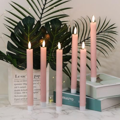 Flameless Pink Taper Candles Flickering With 10-Key Remote, Battery Operated Led Warm 3D Wick Light Window Candles Real Wax Pack Of 6, Christmas Home Wedding Decor(0.78 X 9.64 Inch)