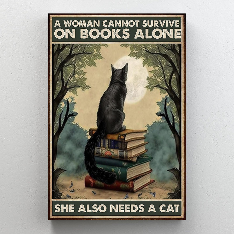 «Jolien Woman Survive On», livres et chat sur toile, impression, H 36 po x l 24 po x P 1,25 po