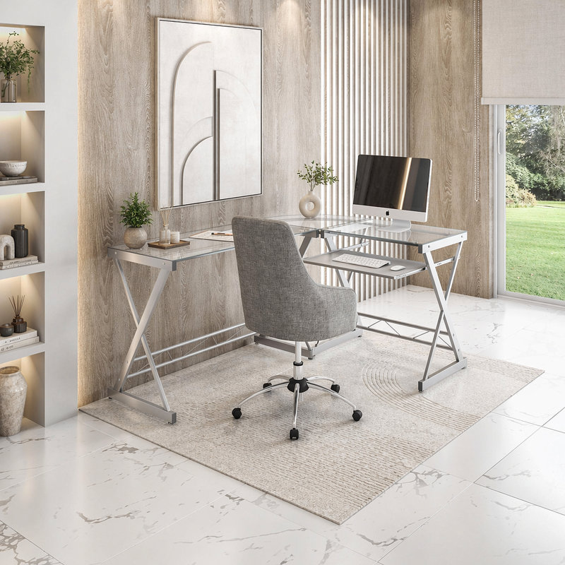 Bureau d'ordinateur en L en verre trempé avec panneau de clavier coulissant, transparent