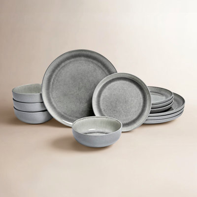 Sango Asher 12-Piece Stoneware Dinnerware Set – Service for 4, Plate & Bowl Set