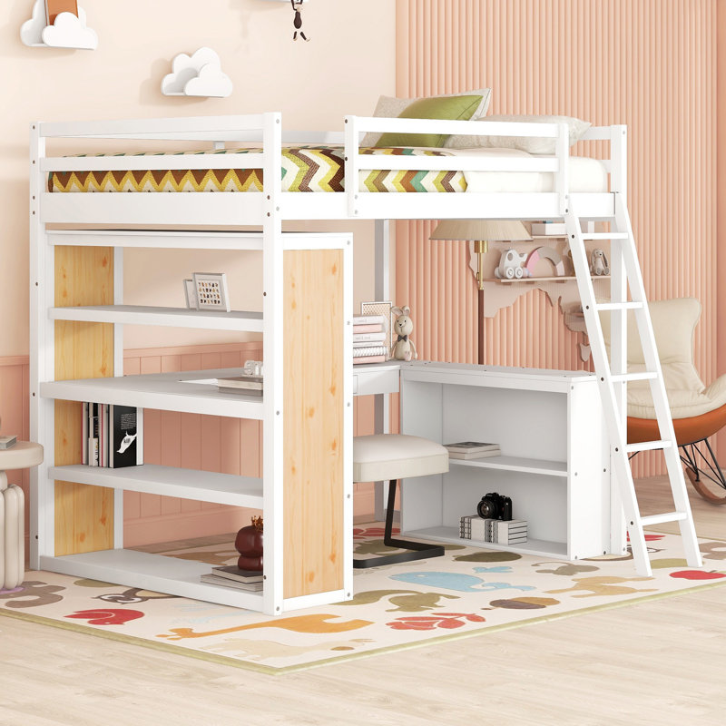 Loft Bed with L-Shaped Desk and Storage Bookcase, Twin, White