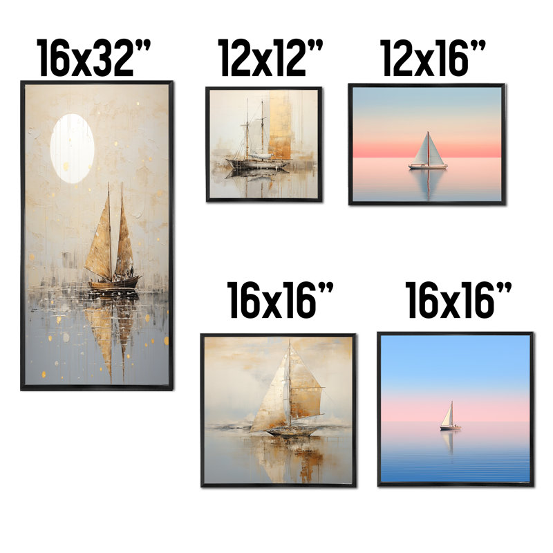 Minimalisme, pêche en bateau doré et gris - ensemble de 5 impressions sur toile, Cadre flottant noir