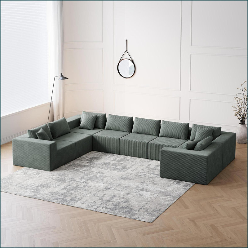Canapés modulaires: Canapé modulaire en L 8 pièces en velours côtelé pour salon / chambre à coucher | Pas d'assemblage | Velours côtelé | Vert armée