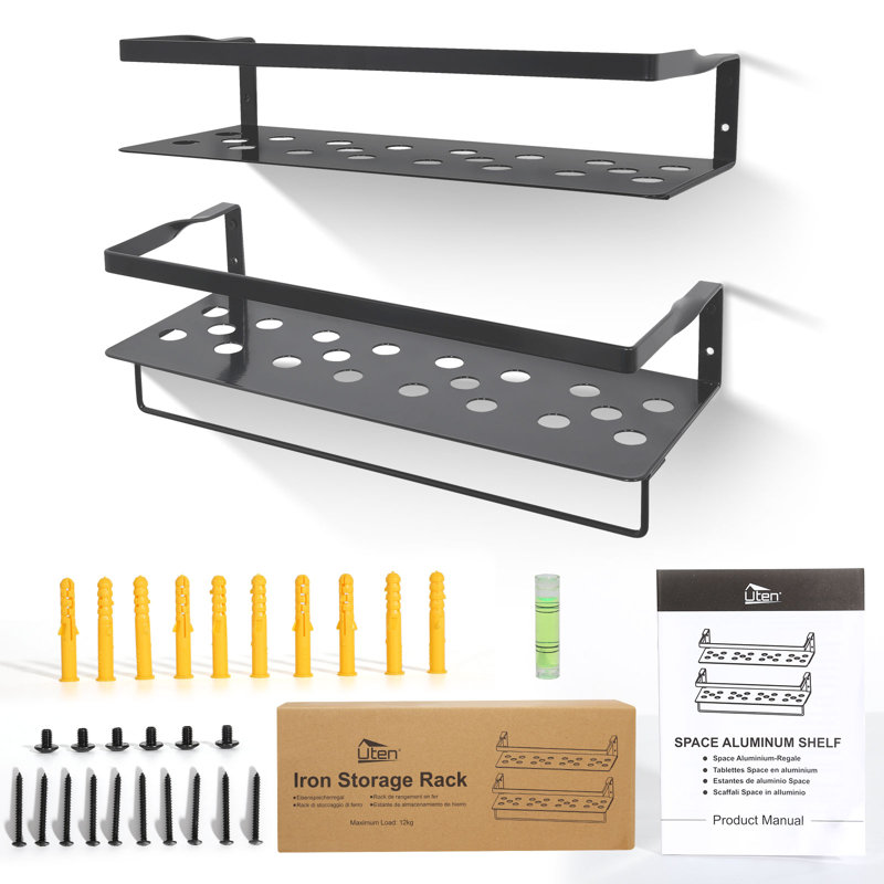 Gray Iron Floating Wall Shelves with Towel Bar, Set of 2