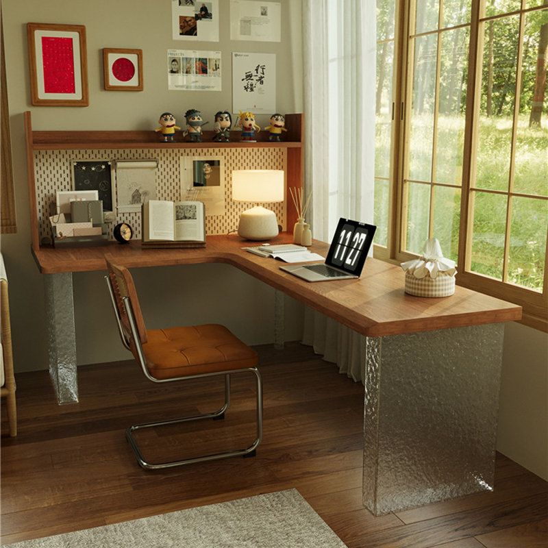 Bureau en bois massif brun en forme de L en acrylique, 61.03" H x 86.61" W x 47.24" D, Left Hand Return