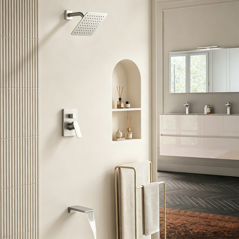 Système de douche avec valve à pression équilibrée, pomme de douche à pluie de 8 pouces et bec de baignoire à cascade