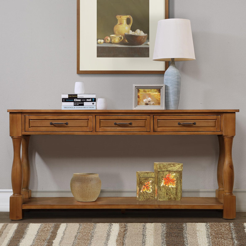 Longue console en bois avec tiroirs et tablette inférieure, Brun