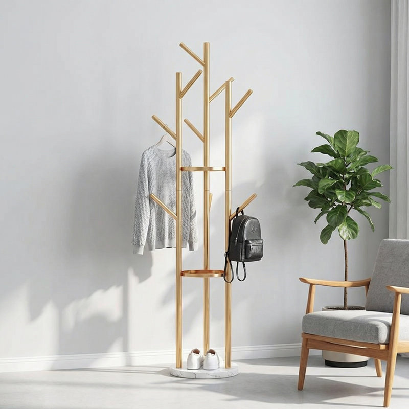 Steel Freestanding 9-Hook Coat Rack In Gold, Gold