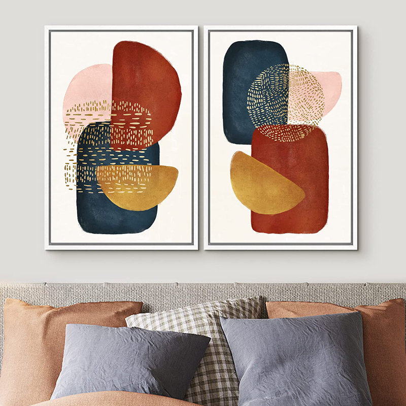 Mid-Century, aquarelle, collage de formes abstraites, ensemble de 2 peintures sur cadre flottant, H 36 po x l 48 po, Blanc