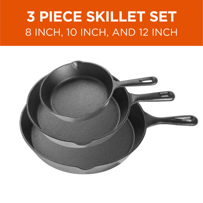 Pre-Seasoned Black Cast Iron 3-Piece Skillet Set