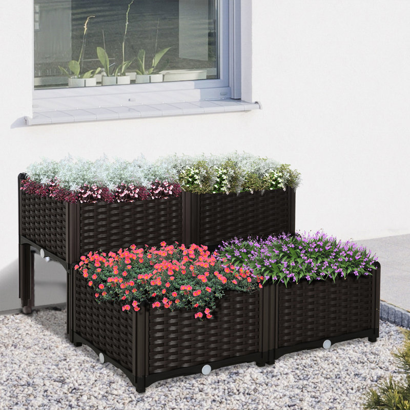 Boîte à fleurs surélevée brune avec pieds et jardin, réservoir en plastique 4 pièces pour légumes, herbes, fleurs, allure
