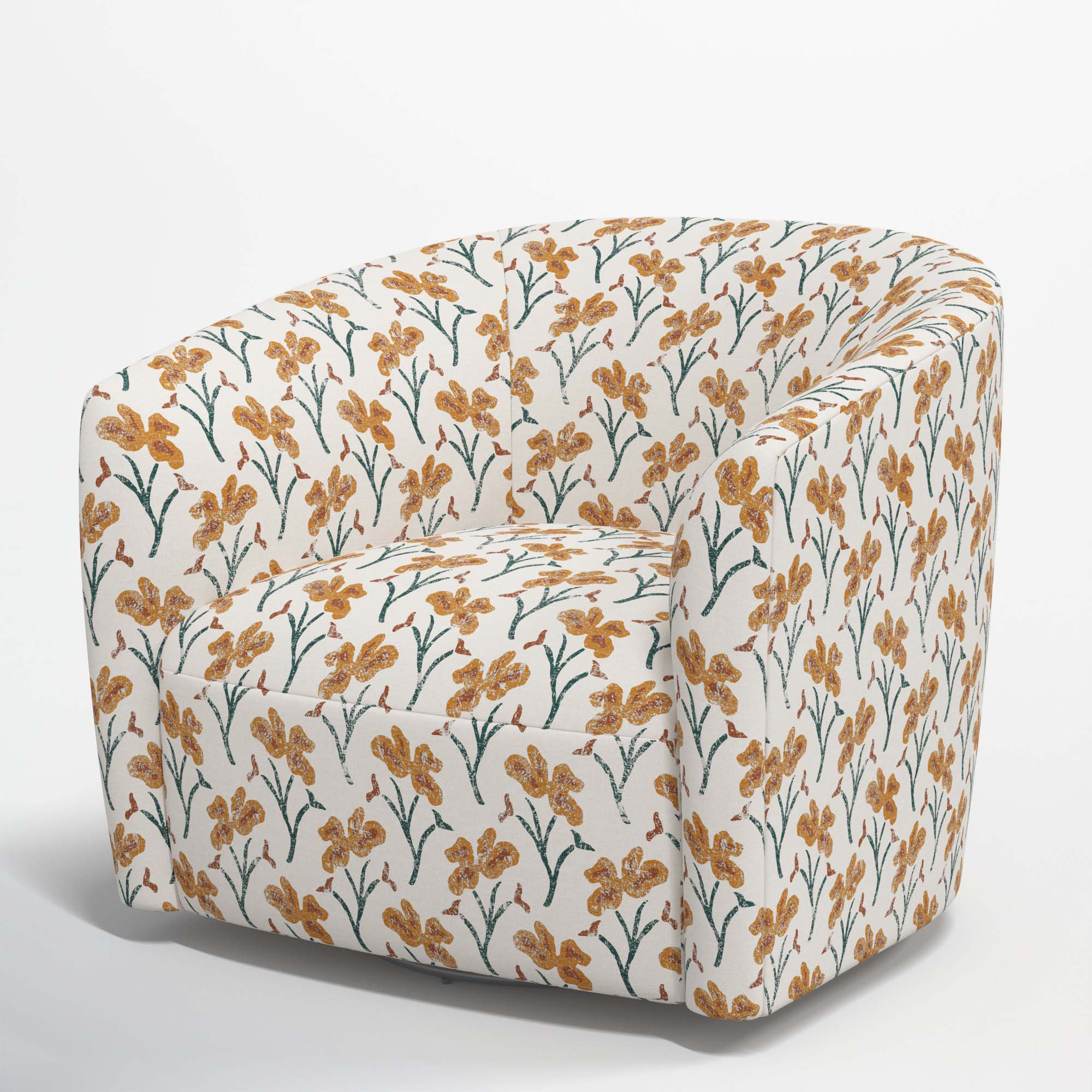 Marita Upholstered Swivel Barrel Chair, Vanves Floral Ochre Teal