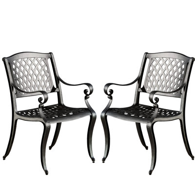 Cast Aluminum Dining Chairs   Of 2  - Black Mesh And Seat, Weather For Outdoor 2 Chair Chairs, Use, Fits Patio, Deck, Backyard
