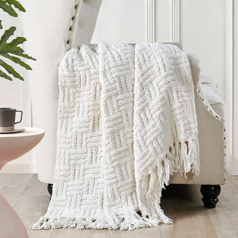 Jeté en tricot Fringe, Blanc, L 50 po x L 60 po