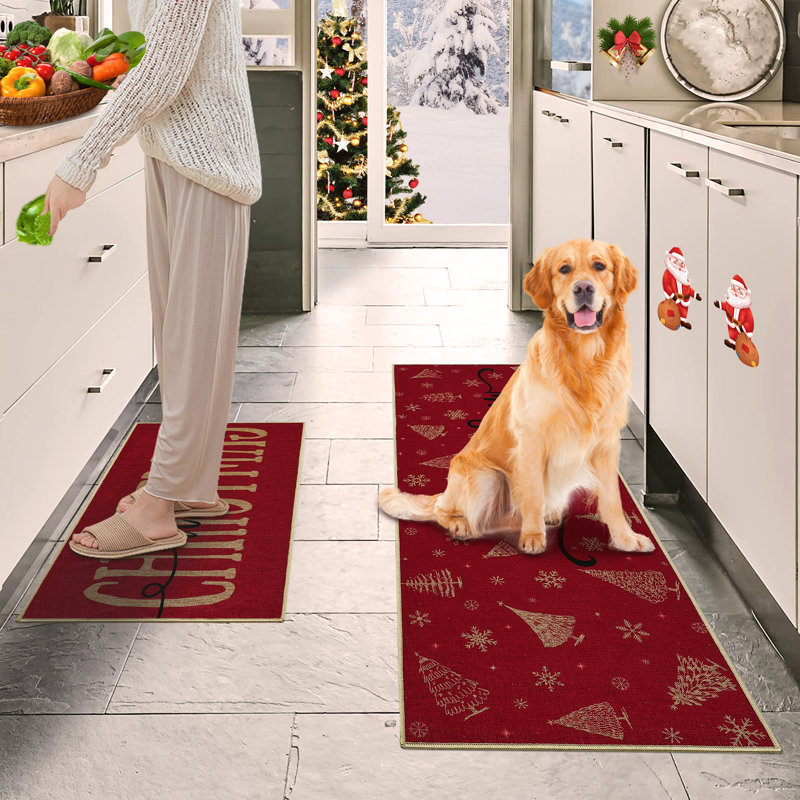Tapis de couloir décoratif rouge imprimé Noël pour intérieur, lavable, à poils courts, pliable, ne peluche pas, 43 x 74 cm + 43 x 119 cm