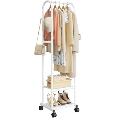 Clothes Rack - Space-Saving Clothing Rack with Wheels, 2-Tier Dense Mesh Shoe Shelves & 4 Hooks, Garment Rack for Bedroom, Entryway, Closet, 18.4" x 12.6" x 72", White