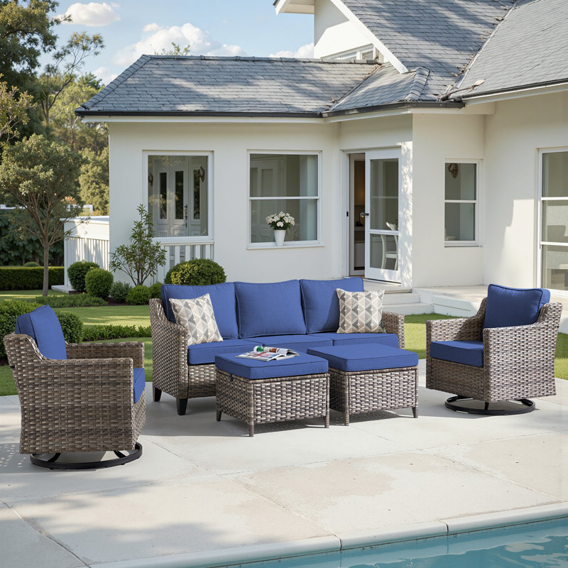 5 Pieces Patio Furniture Set, Outdoor Wicker Sofa Couch with Rocking Swivel Chairs Comfy Cushions, Modern Deep Seat Rattan Conversation Sets for Deck Porch,Blue