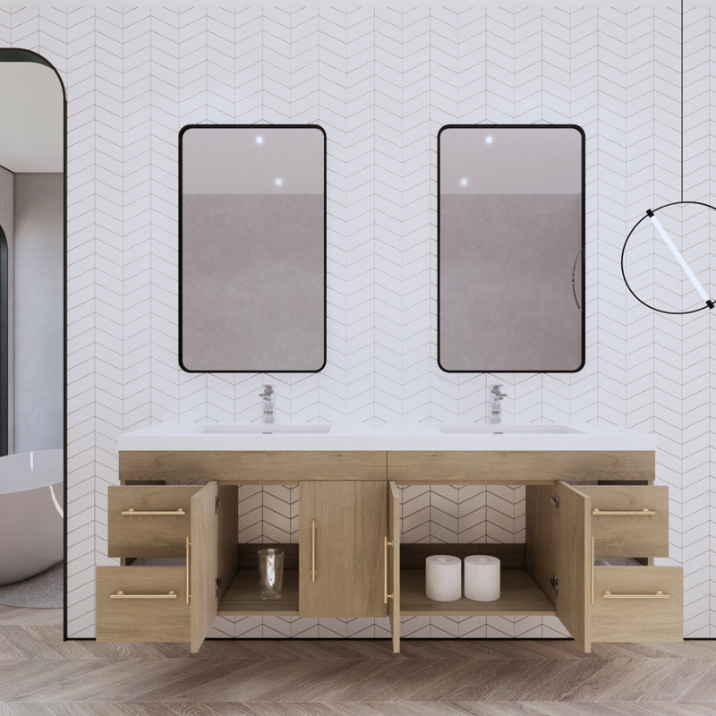 Ensemble de meuble-lavabo double mural 70,5 "Bensley, Chêne blanc