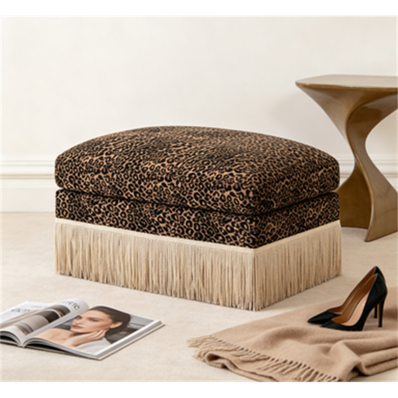 Leopard Print Chenille Ottoman With Soft Texture And Elegant Design For Modern Living Spaces, Black/Brown