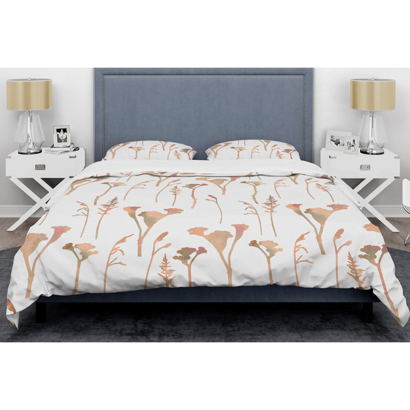 Ensemble de housse de couette rétro mid-century handdrawn fleurs i, Housse simple + 1 taie décorative