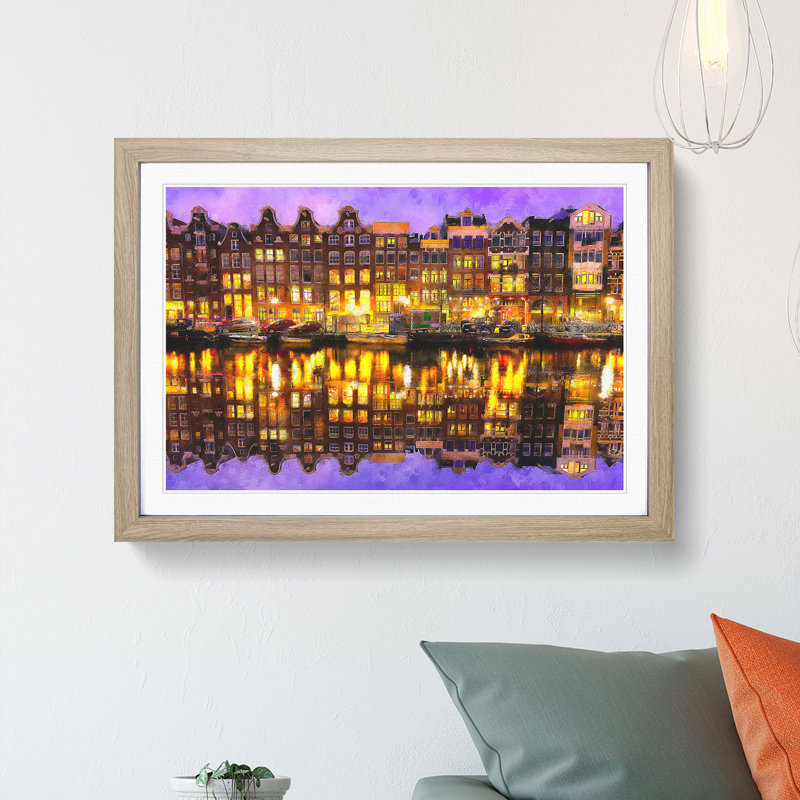 Amsterdam At Night - Single Picture Frame Painting on MDF, 62cm H x 87cm W x 2cm D, Oak