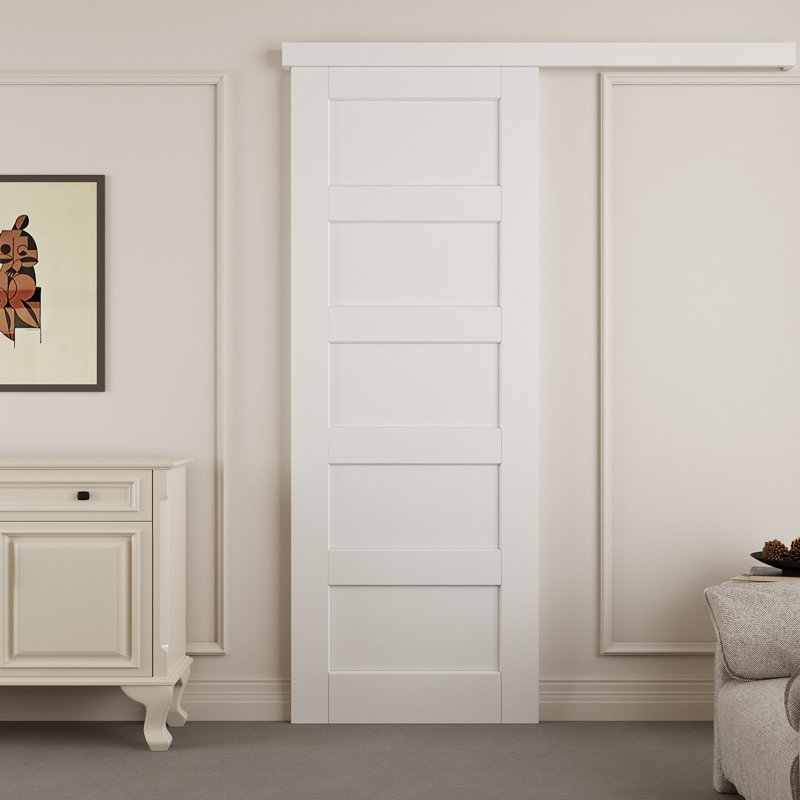 Porte de grange apprêtée blanche à 5 panneaux prête à installer avec système de rails cachés, 28 po x 80 po