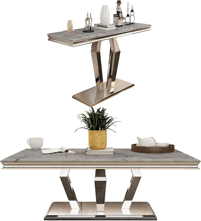 2 Piece Black And Gold Living Room Table Set, Silver, Grey