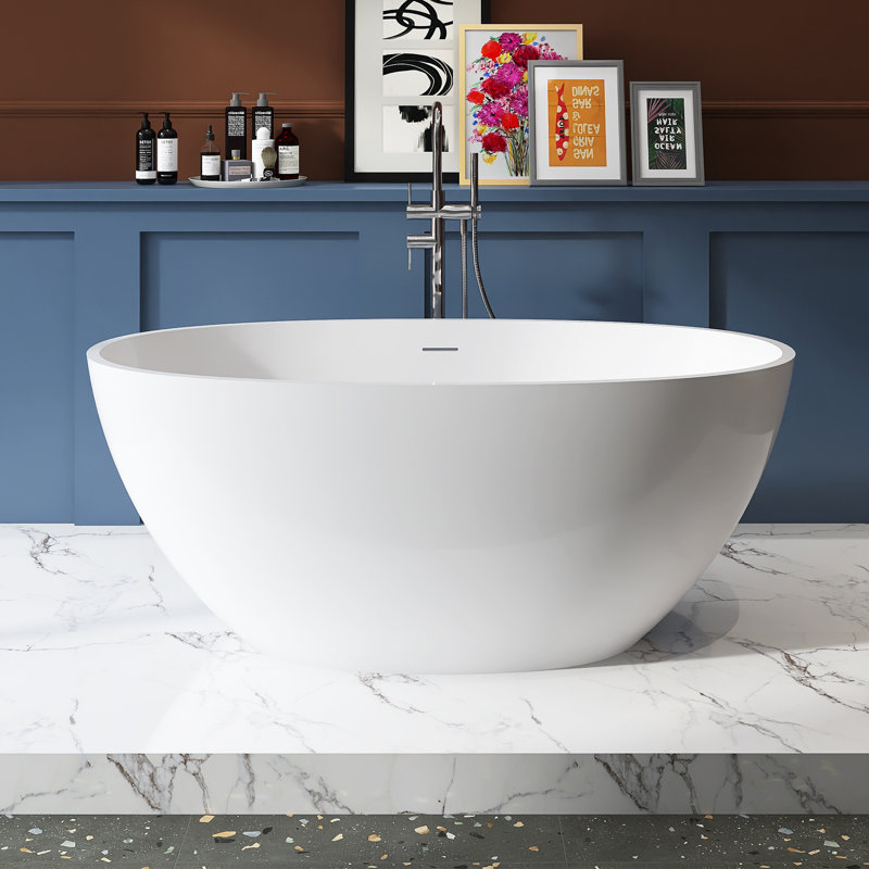 55 Inch Freestanding Solid Surface Soaking Bathtub, Matte White
