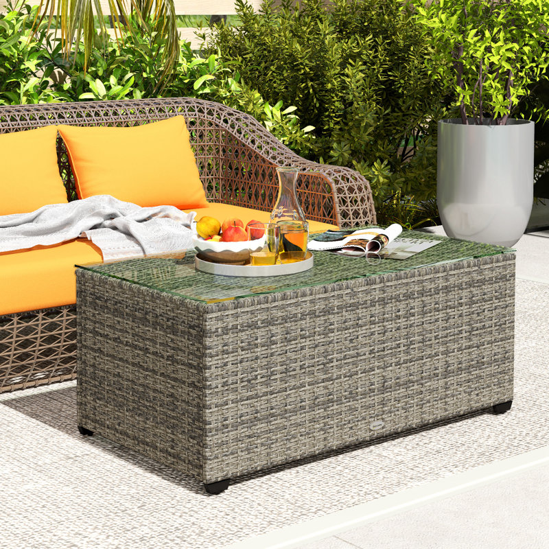 Table basse d'extérieur en osier, table de patio en verre, gris foncé, Gris foncé