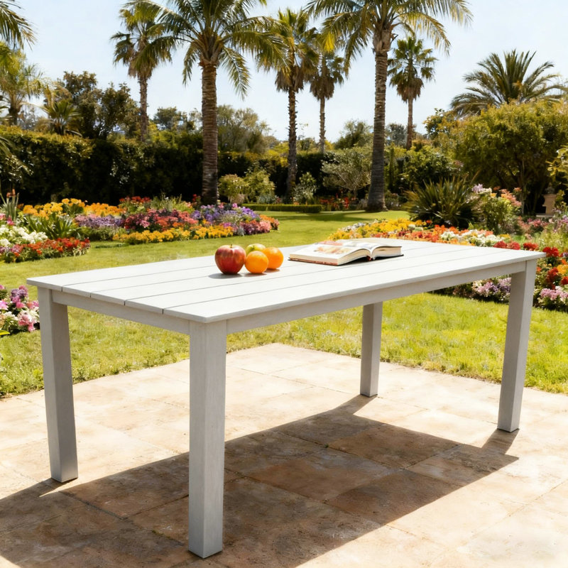 Table de salle à manger texturée en bois gris, 68,9 pouces de long, matériau des hanches, style minimaliste, trou de parasol, hanches intérieures et extérieures, esthétique, utilisation