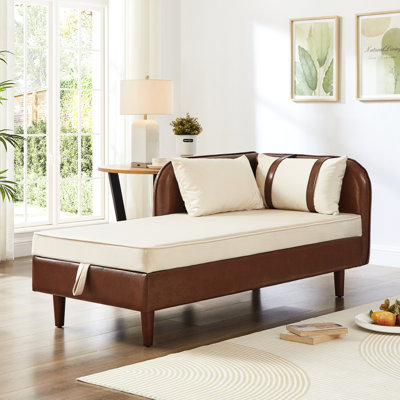 65" Storage Chaise Lounge, Brown Leather And Beige Velvet, Solid Wood Frame, Soft Back Cushions, Four Colors Pu Velvet Function, Scientifically Supported