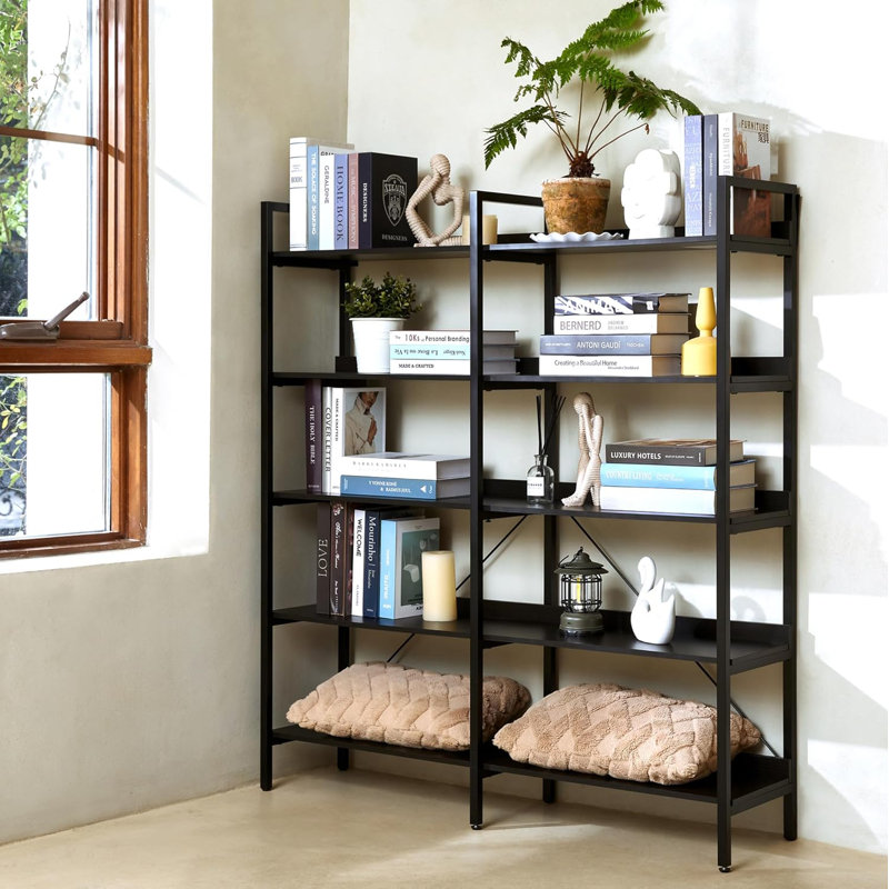 Black Metal and Particle Board 5-Tier Tall Bookshelf
