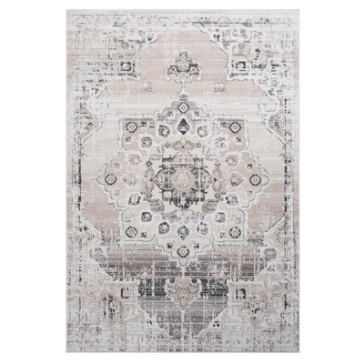 5x7 Cream Beige Medallion Eat-in Kitchen Sanitary Rug. Non-shedding, Stain , Eating Home Office Area For Living Bedroom Dining
