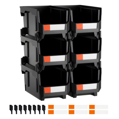 Bacs de rangement en plastique empilables, 14,8 x 8,5 x 7,1 pouces (paquet de 6), contenants en plastique pour organiser et bacs de rangement pour placard, garage, petites pièces, fournitures de bureau et autres accessoires, noir