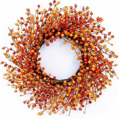 Berry Fall Wreath for Front Door with Orange and Yellow Berries, Autumn Harvest Wreath for Thanksgiving, Farmhouse Seasonal Décor for Window, Wall, Mantel and Home Decoration
