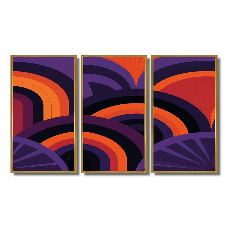 Abstrait vagues rétro mauve orange - ensemble d'art mural abstrait, Cadre flottant doré, H 40 po x l 60 po x P 1 po