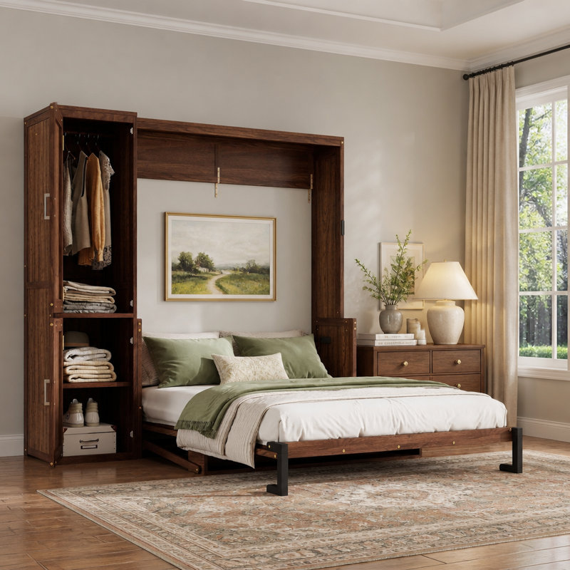 Lit escamotable en bois gain de place avec armoire, bureau et borne de recharge pour un style de vie moderne