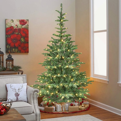 Arbre de Noël illuminé 6 pi avec 300 lumières DEL blanc chaud, 611 pointes PE + PVC, aspect réaliste en couches, base en bois unique - arbre de Noël artificiel complet pour la décoration intérieure