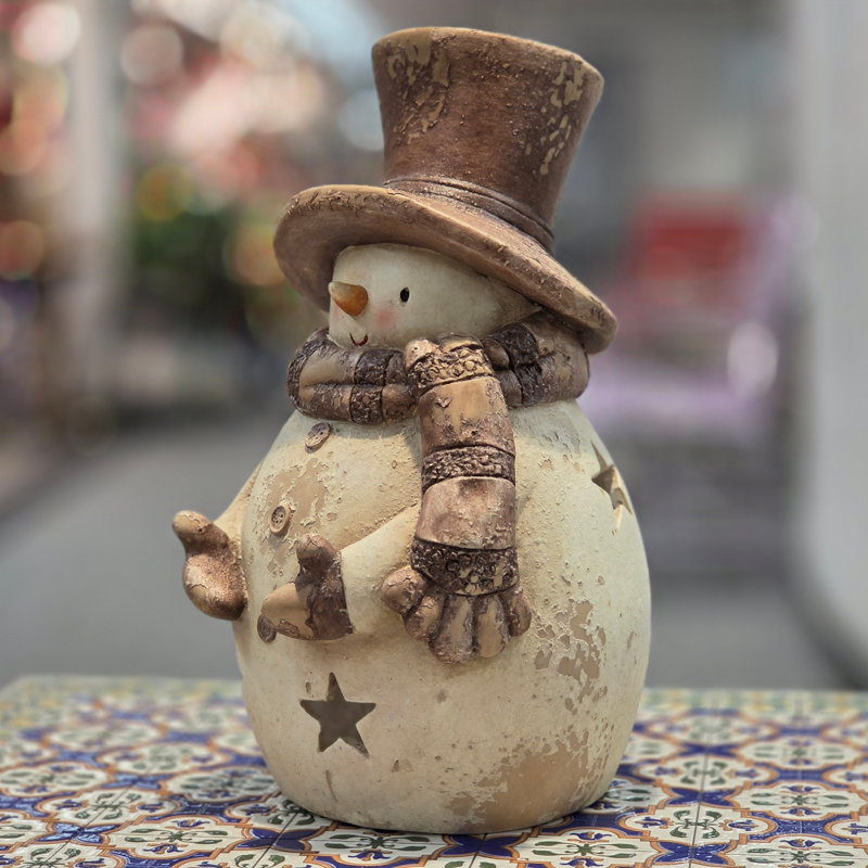 17 po Porte-bougie en forme de bonhomme de neige de style rétro avec chapeau brun