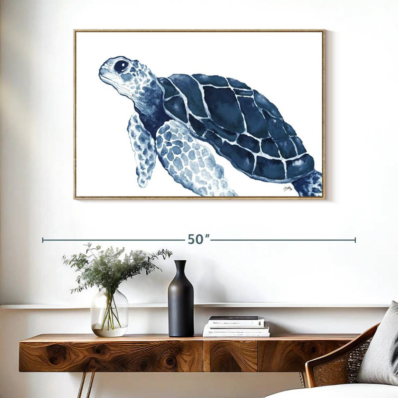 Turtle In The Blues, Floating Frame Natural Wood, 40" X 27"