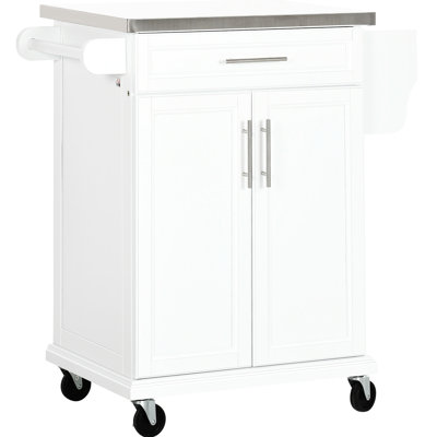 Versatile Kitchen Counter With Stainless Steel Surface, Drawer, Towel Rack, Spice Rack And Storage, White Movable Cart Cabinet Counter,