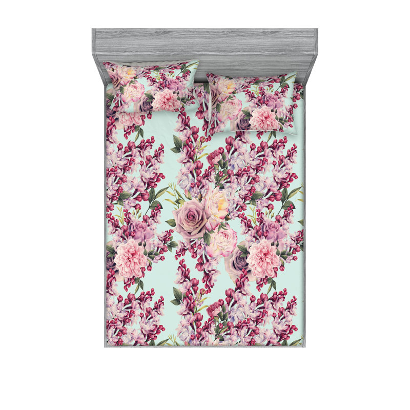 Drap-housse et taies décoratives 3 pièces Ambesonne, Écume de mer, lilas, framboise / floral