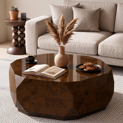 36" Handcrafted Natural Burl Solid Wood Drum Coffee Table