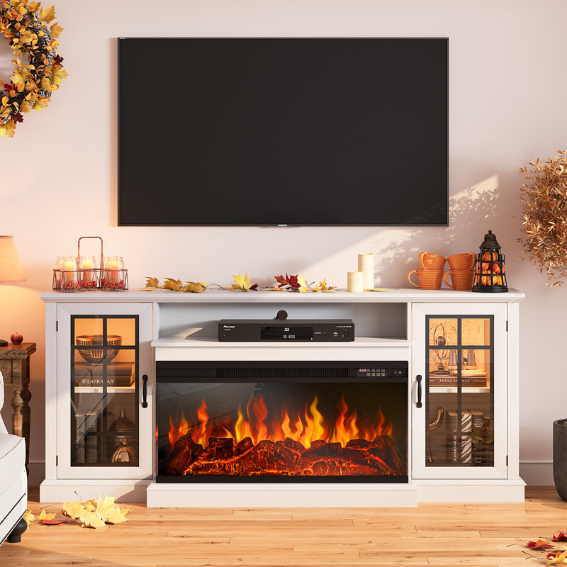 Fireplace Tv Stand With Electric Fireplace, Media Entertainment Center Console Table With Open Storage Shelves And Cabinets