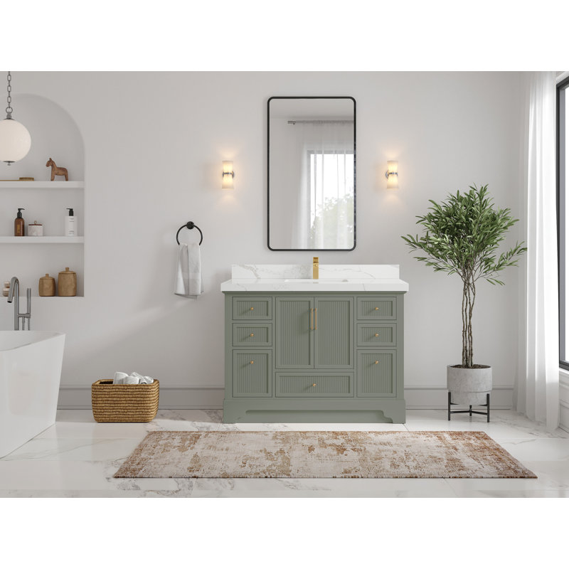Meuble-lavabo simple autoportant 48 po avec plateau en quartz Alys, Calacatta Laza